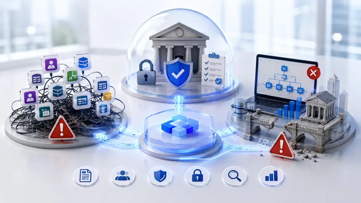 Financial services low-code governance risks with secure Microsoft Dynamics 365 environment, compliance, data governance, app sprawl, and Dynamics Monk expertise.